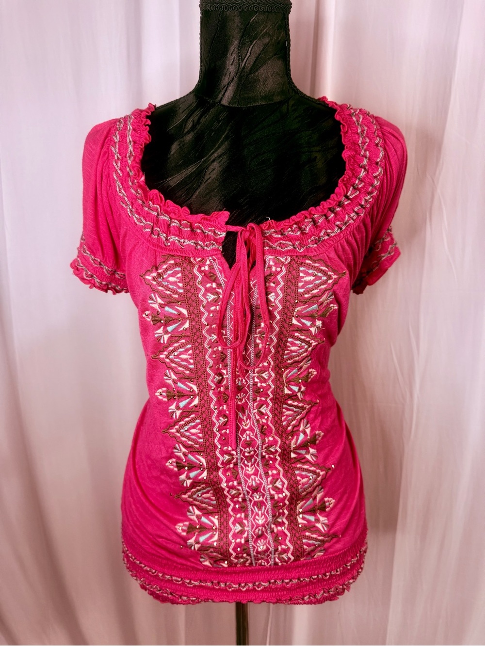 INC International Concepts Fuchsia Embroidered Peasant Top
